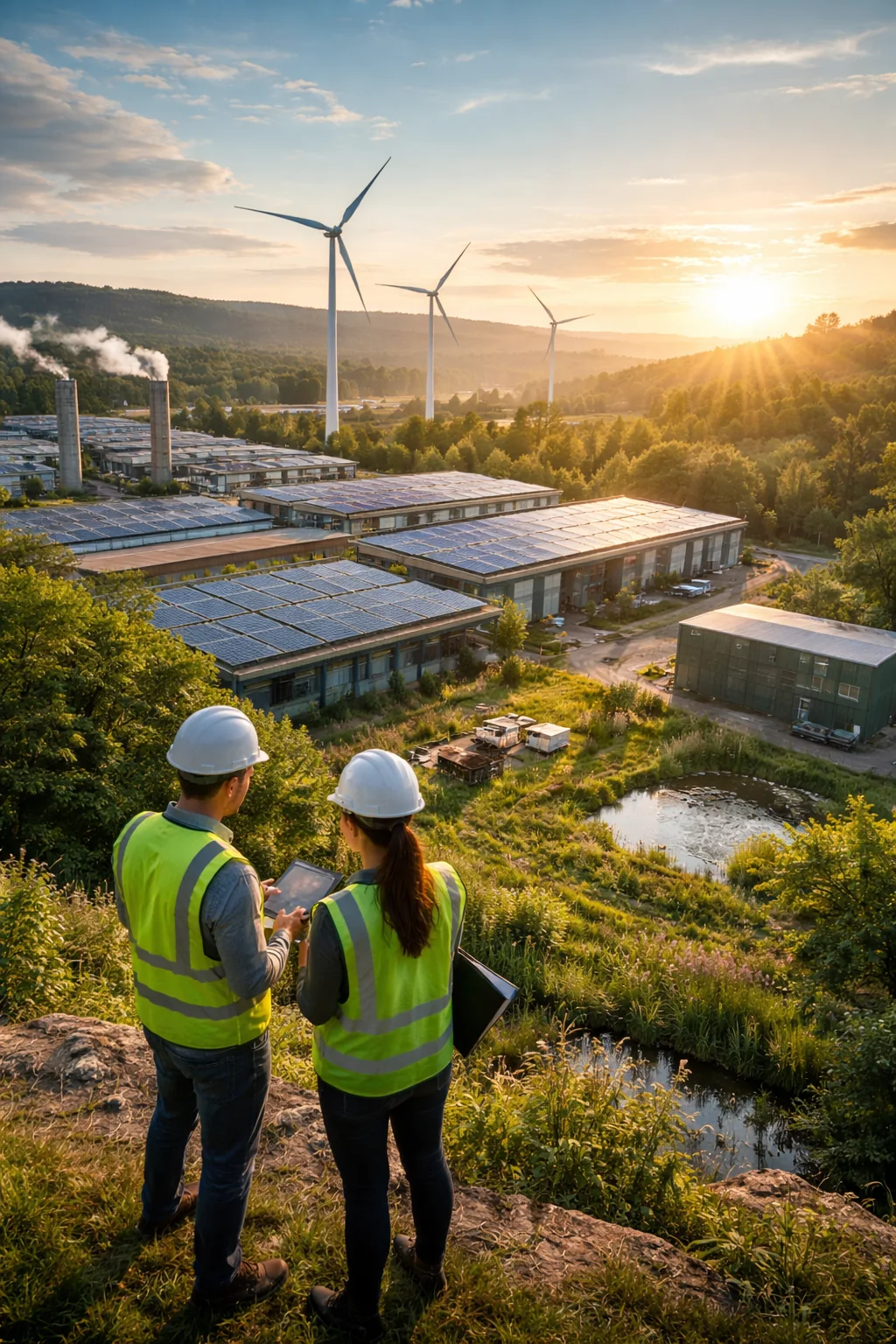Ingenieros supervisando una planta industrial con energía renovable