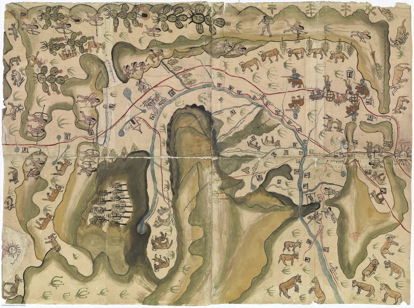 Mapa pintado de c. 1580 con las villas de San Miguel y San Felipe, caminos con carretas, ganado y guerreros chichimecas